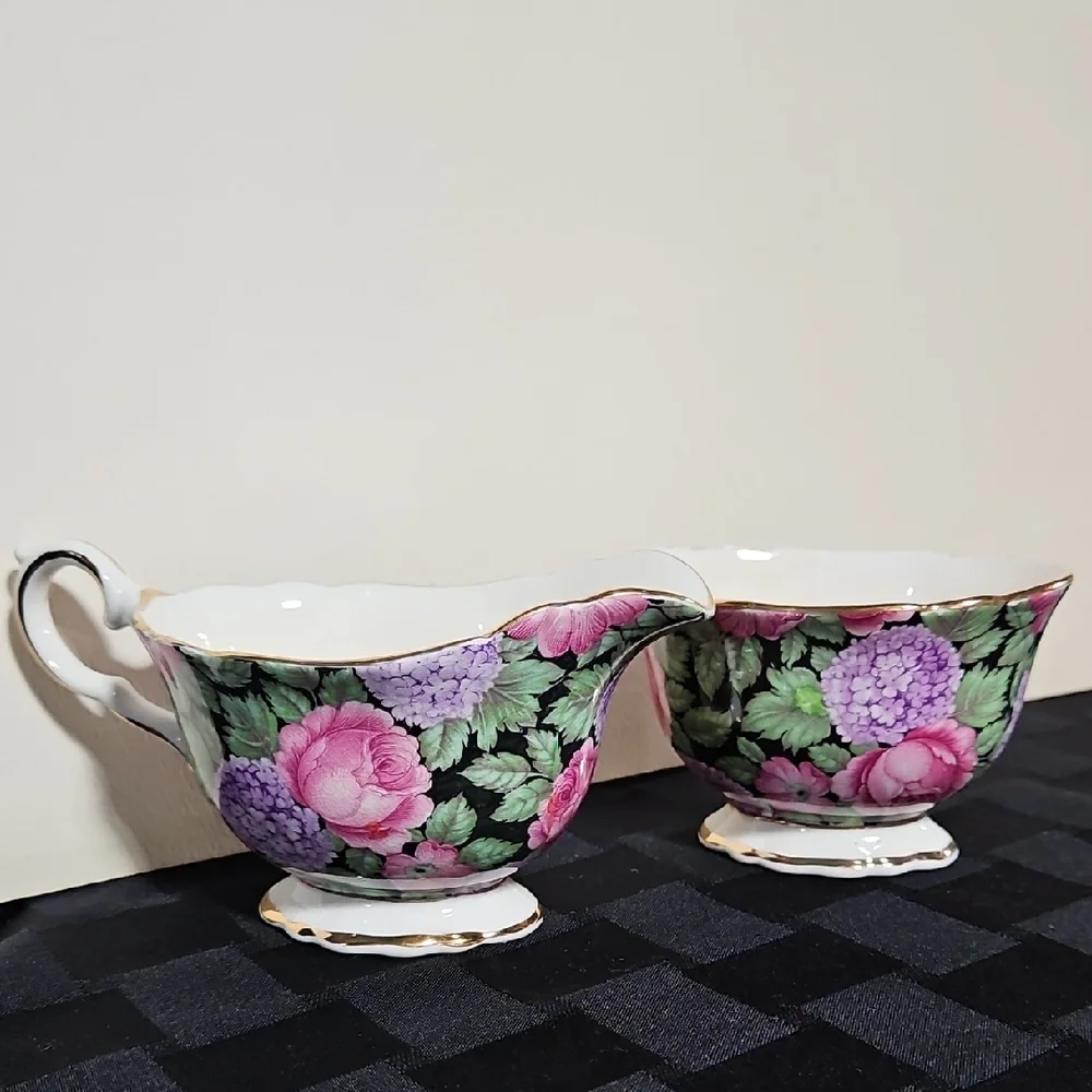 James Kent Staffordshire Old Foley Tapestry #5615 Footed Creamer & Sugar
